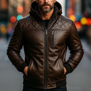 Chaqueta Bomber con Capucha de Cuero Genuino Negro para Hombre, Estilo Motociclista con Hombros Acolchados - Product Image 4
