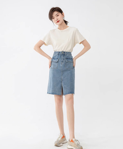 Vente directe usine – Nouvelle jupe en jean décontractée pour femme, longueur genou, unie, avec ceinture boutonnée, style vintage, taille haute, en denim épais - Product Image 5