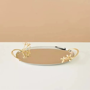 Eye Level Customizable Oval Gold Plated Decorative <b>Tray</b> With Floral Handle Bohemian Style Single Piece - Product Image 3