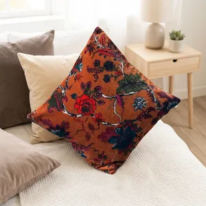<b>Orange</b> Velvet Cushion Cover with Multicolor Floral Vine Print Decorative <b>Throw</b> Pillow for Sofa Bedroom and Home Decor - Product Image 1