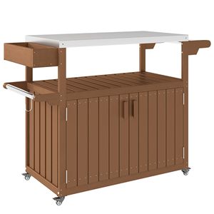 Carrello Bar da Esterno in Acciaio Inossidabile con Ruote e Isola Cucina in HDPE per Preparazione Cibo, Piano Marrone - Product Image 1