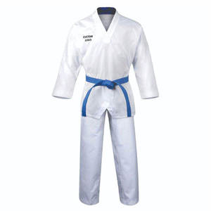 Uniforme de Taekwondo blanc 100% coton, coupe classique, unisexe adulte, respirant, vêtements d'arts martiaux avec ceinture bleue et logo personnalisé sur le devant - Product Image 1
