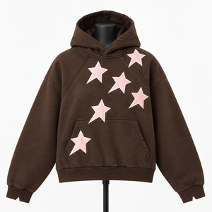 Sweat-shirt à capuche oversize pour femme, marron rose, avec appliqué étoile, en polaire, style streetwear décontracté, coupe classique, pour l'automne - Product Image 1