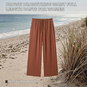 Breathable Summer Mid Waist <b>Drawstring</b> Flat Front Woven Casual Fashion Brown Full Length Long Pants <b>Trousers</b> for Women OEM - Product Image 2