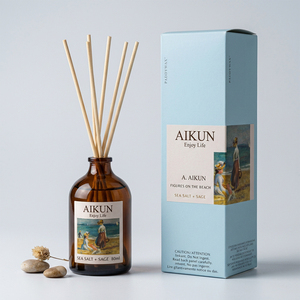 Diffuseur de parfum en verre ambré Aikun 80ml avec logo autocollant, impression artistique bleu clair, coffret personnalisé pour les acheteurs de boutiques de cadeaux. - Product Image 1