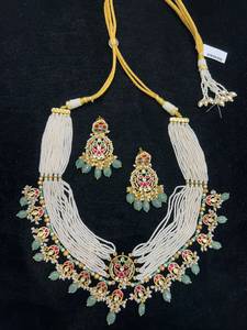 TISHYA DIAMOND Ethnic <b>Gold</b> Plated Imitation Pearl Brilliant Cut Necklace Earring <b>Set</b> Ruby Tassel Women's Wedding Jewelry Gujarat - Product Image 3