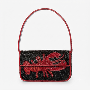 Handmade Red Lobster Beaded <b>Shoulder</b> <b>Bag</b> <b>Women</b> Black Seafood Flap Evening Clutch Novelty Underarm Purse Handbag - Product Image 1