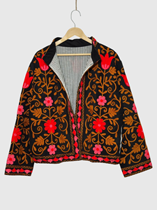 Floral Embroidered Cotton Jacket Women'<b>s</b> Plus Size Prairie Chic Autumn Style Mandarin Collar Full Sleeve Pullover - Product Image 4