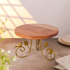 Wooden Cake <b>Stand</b> with Decorative Metal Base – Round Dessert Display <b>Stand</b> with <b>Bird</b> & Leaf Design for Table Decor - Product Image 2
