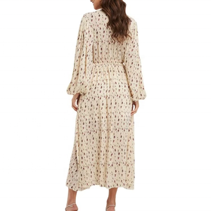 เดรสยาวลำลองสำหรับผู้หญิง ลายดอกไม้ แขนยาวทรงบอลลูน เอวธรรมชาติ ซักได้ ดีไซน์ทับด้านหน้า - Product Image 2