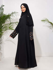 Abaya noire pour femme, longue, coupe ample, manches longues, col montant, tenue quotidienne modeste, style Moyen-Orient, broderie géométrique - Product Image 2