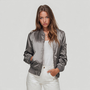 Crew Neck Satin Jackets Women Crew Neck Zipper Silk Satin Jacket Women's Wholesale Slim Fit Satin <b>Coat</b> Jacket Tops Ladies - Product Image 3