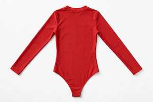 Body une pièce moulant rouge à manches longues et col montant pour femme, imprimé palmiers tropicaux, style club sexy et sportif - Product Image 4