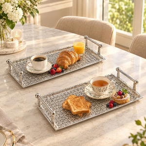 Artistic Silver Finish Aluminium <b>Lattice</b> Serving Trays with Raised Rail Handles | Geometric Decorative Tabletop Serving Platters - Product Image 4