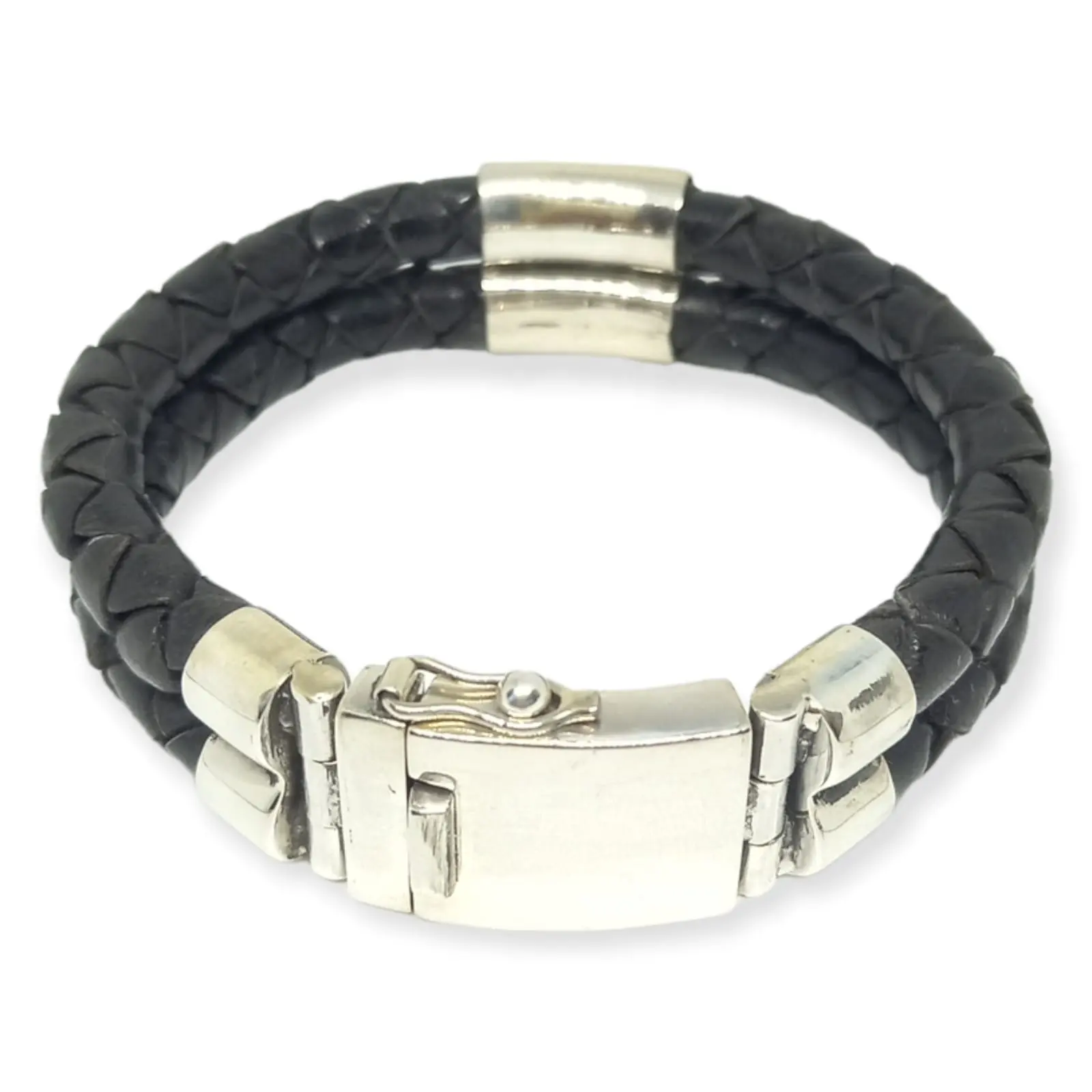 NY-CHB055-Sterling Silver Braided Double Leather Bracelet Biker Accessories For Daily Use Gift For Men And Women