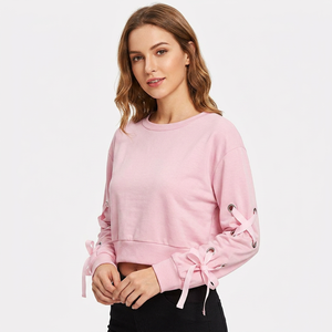 <b>Pink</b> Women's <b>Cropped</b> Sweatshirt Lace-Up Sleeves Bow Detail O-Neck Casual Solid Anti-Pilling Full Sleeve Knitted <b>Top</b> Spring Wear - Product Image 5