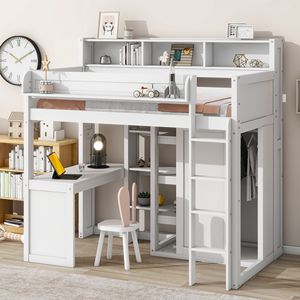 Letto a soppalco in legno bianco per bambini, singolo, con ripiani multipli e armadio - Product Image 1