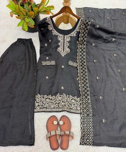FANCY GMY SILK EMBROIDERY BEADS WORK <b>TOP</b> PALAZZO WITH DUPATTA WHOLESALE PRICE ETHNIC GARMENT 85063 BLACK - Product Image 3