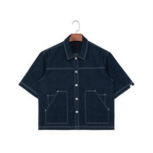 Men's Striped Denim Shirt Short Sleeve Turn-<b>down</b> Collar Loose Fit Utility Style 100% Cotton Woven Fabric Topstitch Pockets - Product Image 1