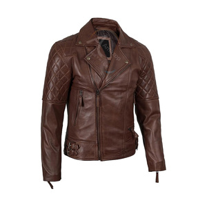 Men's <b>Brown</b> Genuine <b>Leather</b> Biker <b>Jacket</b> With Zipper Closure And Quilted Design Slim Fit Moto Style Autumn Wear - Product Image 3