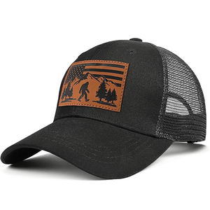 Custom Brand High Quality Mesh <b>Back</b> Promotional Truckers Hats Black Mesh Trucker Hat With Leather <b>Patch</b> Bigfoot Mountain Design - Product Image 1