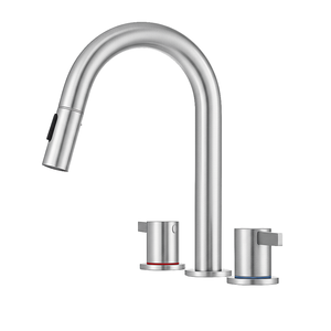 Rubinetto Lavabo Moderno da 8 Pollici con 2 Maniglie, Scarico a Scomparsa a 3 Fori e Doccetta Estraibile Girevole a 360 Gradi, Finitura Nichel Spazzolato - Product Image 3
