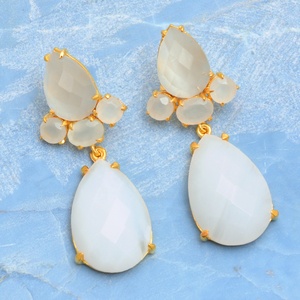 Luxury Trending Natural White Quartz Faceted Gemstone Prong Set 18K <b>Gold</b> Plated Solid 925 Sterling Silver <b>Dangle</b> Women <b>Earrings</b> - Product Image 1