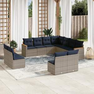 Set di divani da giardino in polyrattan grigio da 11 pezzi con cuscini per mobili da giardino - Product Image 1