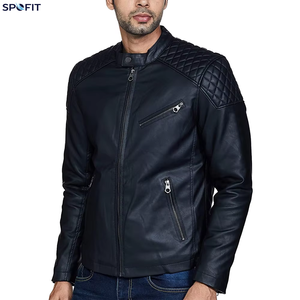 Factory Direct <b>Navy</b> Leather Racer <b>Jacket</b> Diamond <b>Quilted</b> Shoulder Panels Premium Genuine Leather OEM Manufacturer - Product Image 1