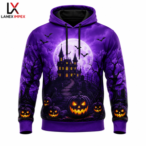 Sudadera con Capucha Personalizada Morada de Halloween con Diseño de Casa Encantada y Calabaza, Unisex, Sublimada, de Poliéster, Estilo Gótico Urbano - Product Image 3