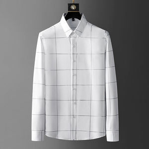 Chemise habillée noire à carreaux pour homme, manches longues, col rabattu, en coton tissé, boutonnée, pour le bureau et les occasions formelles, automne - Product Image 3