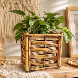 Pot à plantes en rotin de forme carrée pour table, décoration de fenêtre, support pour plantes d'intérieur, adapté aux plantes artificielles et réelles, provenant d'Inde. - Product Image 1