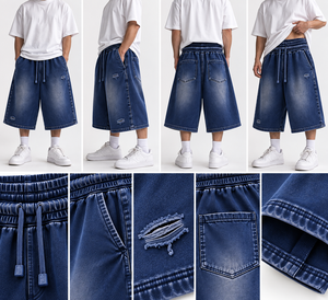 Oversized Double Waist Acid Wash French Terry <b>3</b>/<b>4</b> Sweat <b>Shorts</b> Navy Blue - Product Image 4