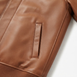 Men's Brown Real Leather Non-Hooded Stand <b>Jacket</b> Casual Winter Waterproof Breathable Zipper Closure Regular Fit Solid Color - Product Image 6