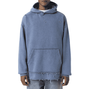 Sudadera con Capucha para Hombre, 100% Algodón, Color Sólido, Diseño Desgastado, Bolsillo Frontal, Corte Casual, Invierno, Tejido de Punto, Manga Regular - Product Image 3