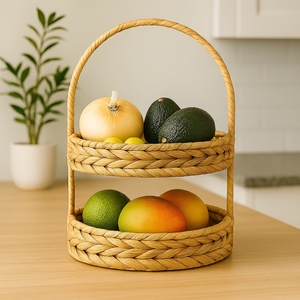 Water Hyacinth 2 Tier Woven Handmade Modern <b>Rustic</b> Vintage Storage Basket Natural Color Multifunction Home Kitchen Hotel Storage - Product Image 6