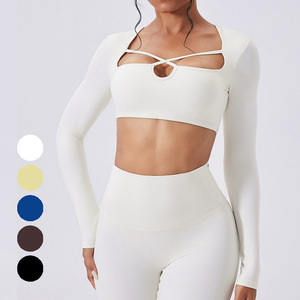 Nouveau design, haut de yoga sexy à manches longues, respirant, séchage rapide, avec logo frontal, pour la course, le sport, la gym, le fitness, col carré, pour femmes - Product Image 3