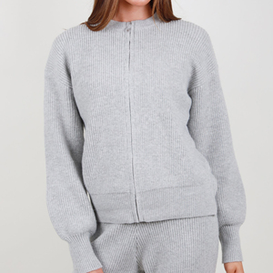 Cárdigan gris de punto acanalado con cremallera para mujer, suéter de lana y cachemira con cuello alto, top informal de invierno - Product Image 4