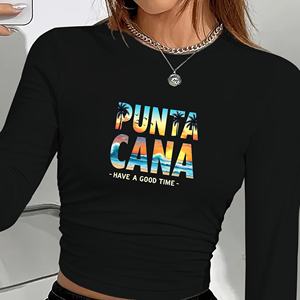 T-Shirt <span class=keywords><strong>da</strong></span> Donna Y2K <span class=keywords><strong>a</strong></span> Maniche Lunghe con Scena di Spiaggia di Punta <span class=keywords><strong>Cana</strong></span>, Collo Tondo, in Maglia Elasticizzata, Poliestere Stampato, Moda Primavera-Estate - Product Image 5