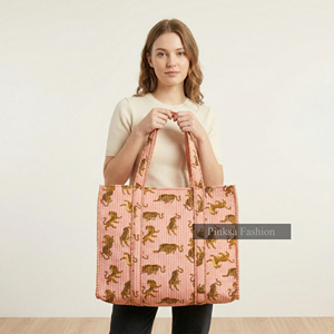 Bolso Tote Grande de Algodón Acolchado con Estampado de Tigre Rosa, Bolso de Hombro para Mujer, Venta al Por Mayor - Product Image 4