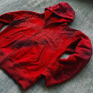 Snow Grace <b>Red</b> Hooded Zipper <b>Sweatshirt</b> Embroidered Letter Design Regular Fit Unisex Fleece Casual Winter Wear - Product Image 5