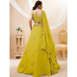 Impressionnante tenue de fiançailles brodée jaune fluo Lehenga Choli - Product Image 3
