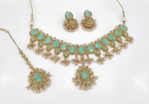 <b>Indian</b> Bridal <b>Jewelry</b> <b>Set</b> Mehandi Plated Necklace Earrings Maang Tikka Red Green Doublet Stone Ethnic Wedding Party Wear - Product Image 6