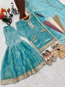 Ensemble Sharara vert pour enfants avec Kurti, Dupatta et tenue ethnique pour les fêtes de mariage des filles - Product Image 3