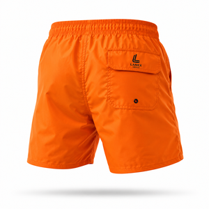 Shorts de bain pour hommes personnalisés, couleur orange, séchage rapide, taille élastique, cordon de serrage, légers, shorts de plage, poches, OEM 100% - Product Image 3