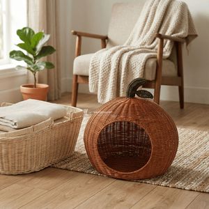 Cat Bed Cave, Cute Pumpkin Shaped Rattan Pet House Round Fruit Pattern Indoor Comfortable for Cats Autumn Use - Product Image 2
