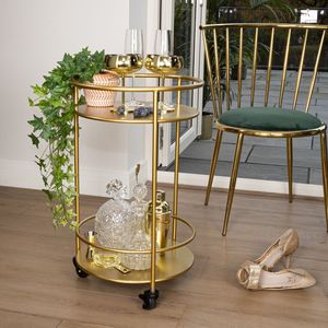 Chariot de service moderne en fer finition or avec étagères en verre et roulettes, pour bar, cuisine, salle à manger, rangement de boissons et organisation - Product Image 1
