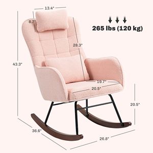 Sedia a dondolo rosa resistente per cameretta con schienale alto e poggiatesta, comoda poltrona per allattamento per soggiorno e camera da letto, cuscino lombare - Product Image 3