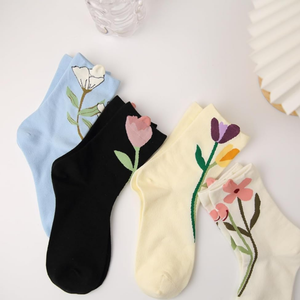 Custom 3D Cuff Flower 100% Cotton Crew Socks Design <b>Funky</b> Colors Breathable Quick Dry Indoor Women Men Private Label Manufacture - Product Image 6