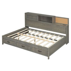 Divano letto matrimoniale in legno grigio con 3 cassetti contenitore, ripiano superiore morbido, set di prese e porte USB - Categoria: Divani letto - Product Image 6